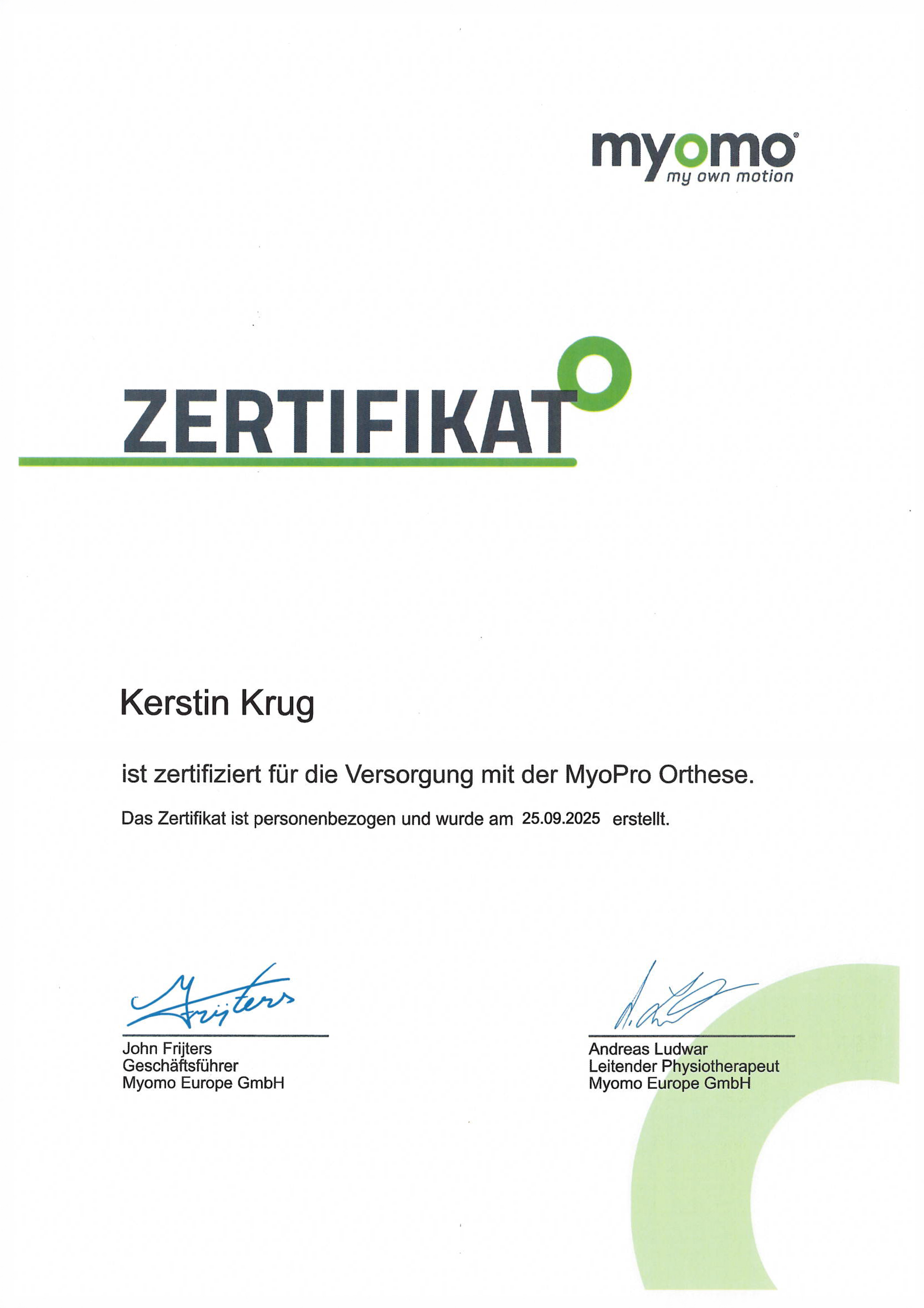 Sanitätshaus Ruck myomo-Zertifikat Kerstin Krug